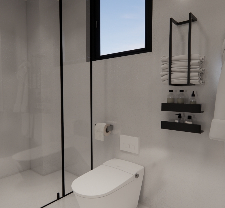Skyline Apartments modern bathroom featuring a glass-enclosed shower, wall-mounted toilet, and contemporary black fixtures.