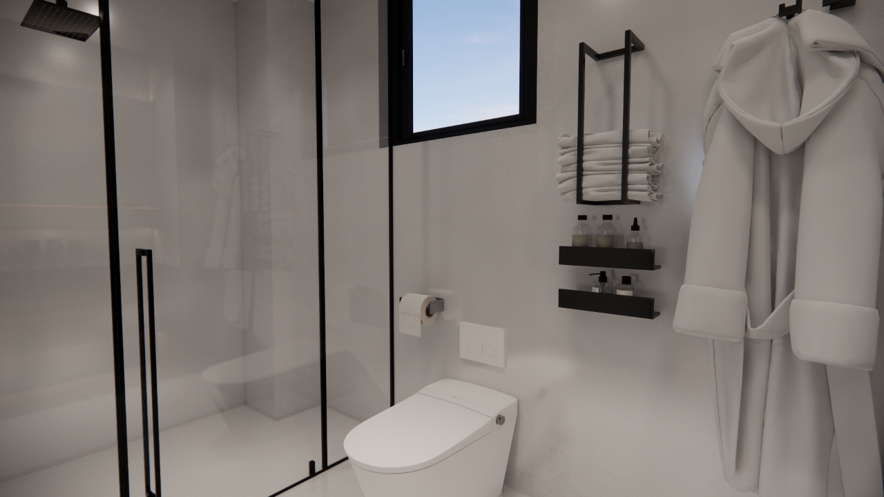 Skyline Apartments modern bathroom featuring a glass-enclosed shower, wall-mounted toilet, and contemporary black fixtures.