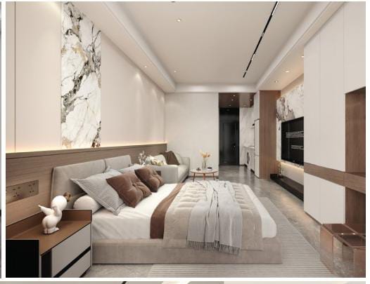Skyline Apartments modern bedroom with upholstered bed, built-in storage, decorative wall finishes, and contemporary lighting.
