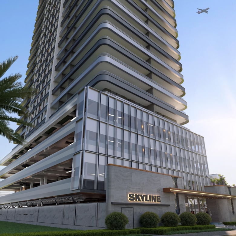 Skyline Apartments exterior entrance showing modern high-rise architecture, curved balconies, glass facade, and landscaped surroundings.