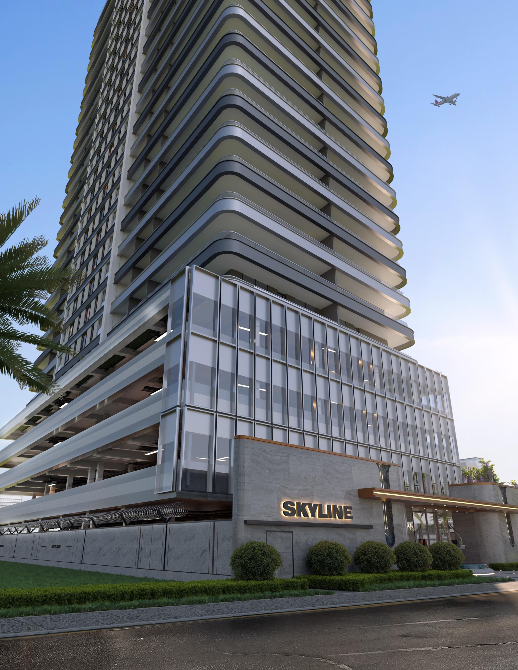 Skyline Apartments exterior entrance showing modern high-rise architecture, curved balconies, glass facade, and landscaped surroundings.