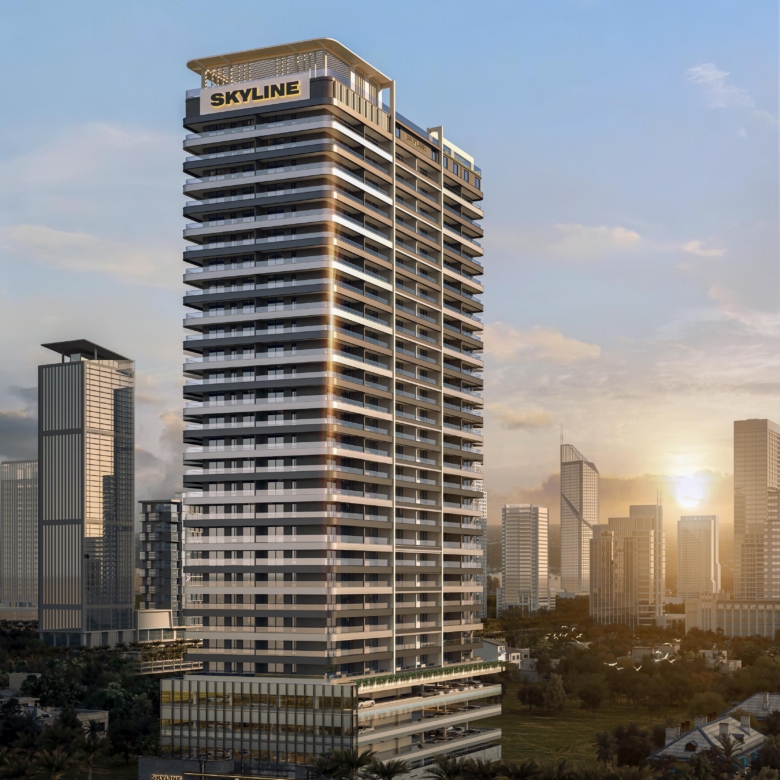 Skyline Apartments modern high-rise building with spacious balconies, glass railings, and contemporary architectural design.