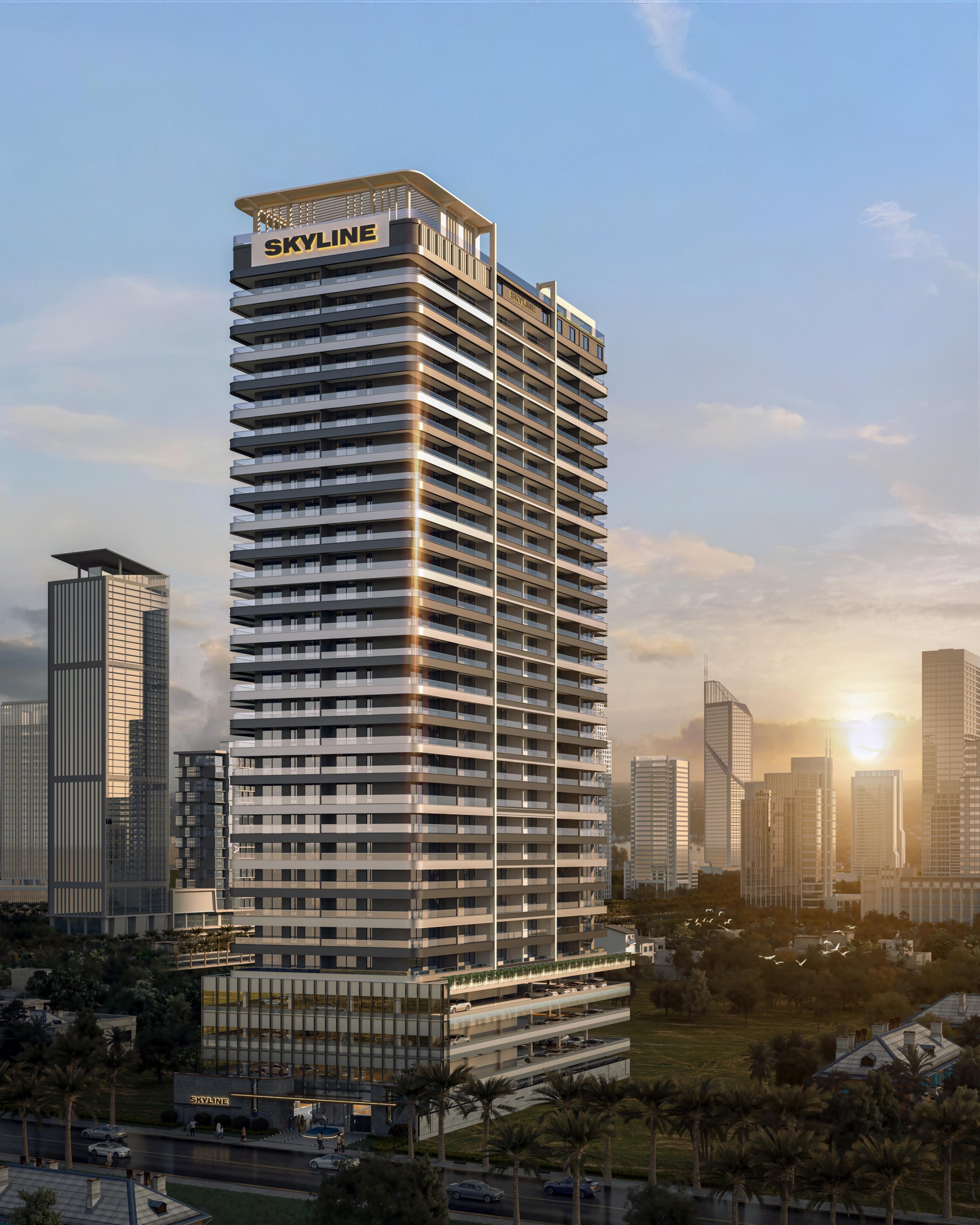 Skyline Apartments modern high-rise building with spacious balconies, glass railings, and contemporary architectural design.