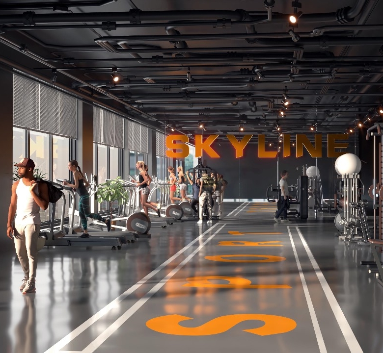 Skyline Apartments modern fitness gym with treadmills, exercise machines, weight training equipment, and large windows.