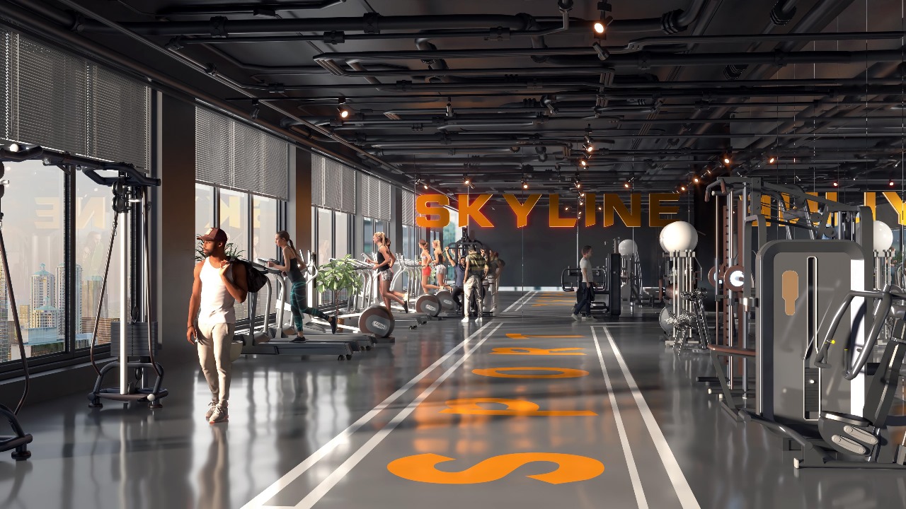 Skyline Apartments modern fitness gym with treadmills, exercise machines, weight training equipment, and large windows.