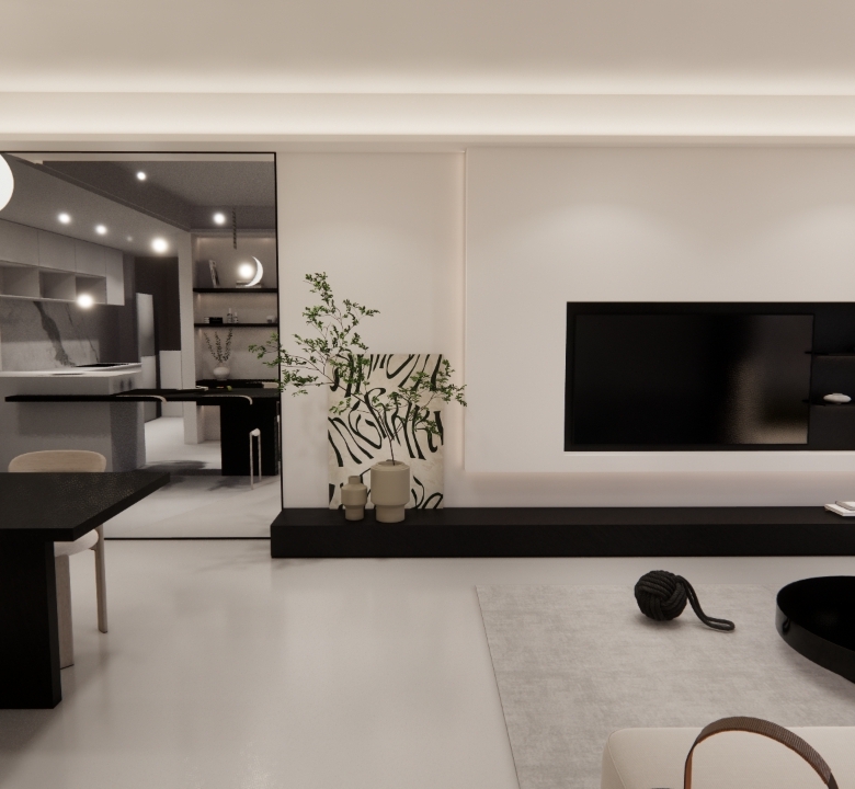 Skyline Apartments modern living room with black dining table, contemporary television wall, elegant seating, and minimalist finishes.