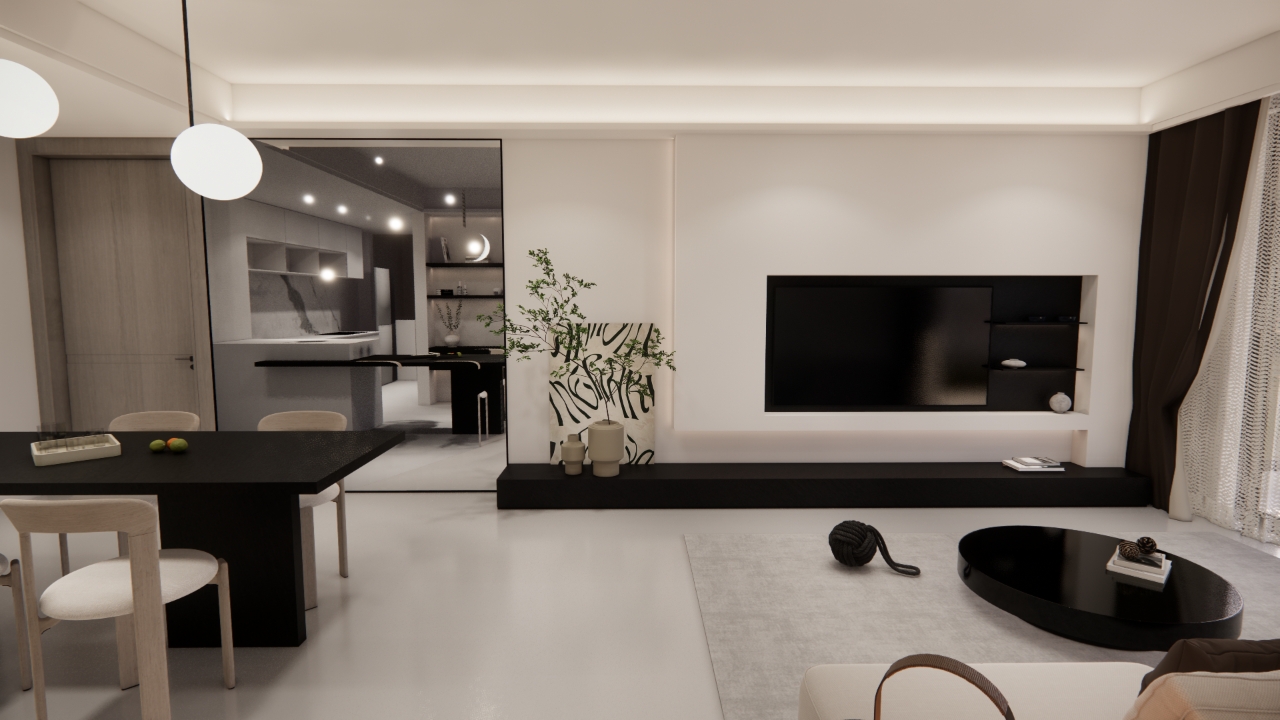 Skyline Apartments modern living room with black dining table, contemporary television wall, elegant seating, and minimalist finishes.