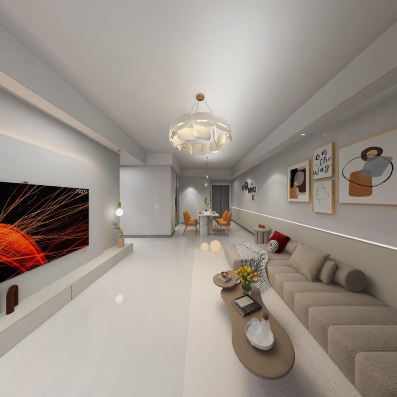 Skyline Apartments spacious living and dining room with modern ceiling lighting, neutral-coloured sofa, and contemporary wall artwork.