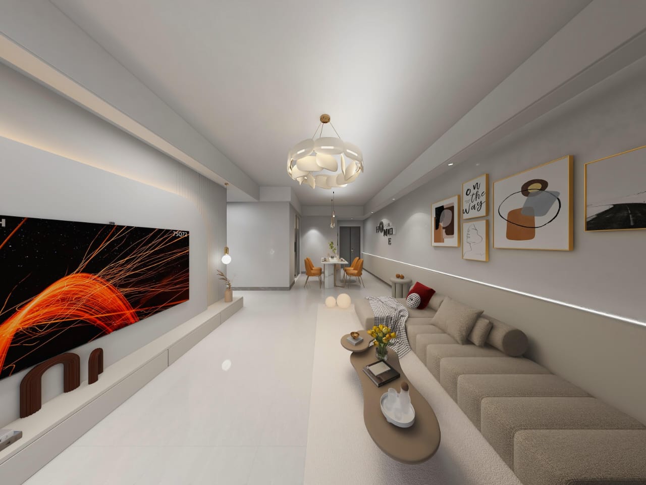Skyline Apartments spacious living and dining room with modern ceiling lighting, neutral-coloured sofa, and contemporary wall artwork.