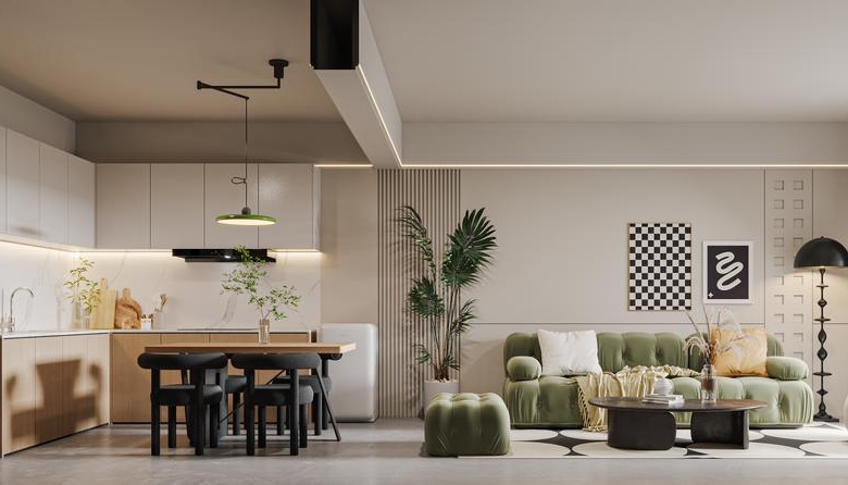 Skyline Apartments contemporary living room featuring an open-plan kitchen, dining area, green sofa, and modern interior finishes.