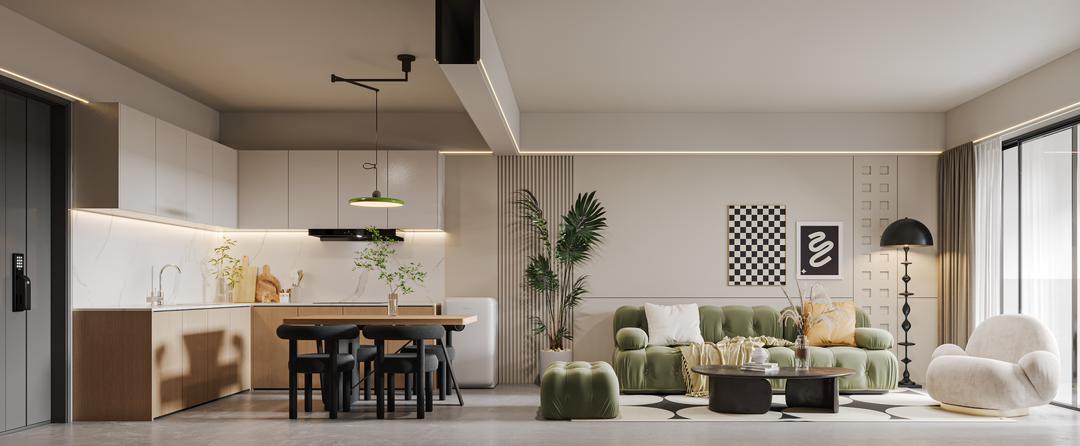 Skyline Apartments contemporary living room featuring an open-plan kitchen, dining area, green sofa, and modern interior finishes.