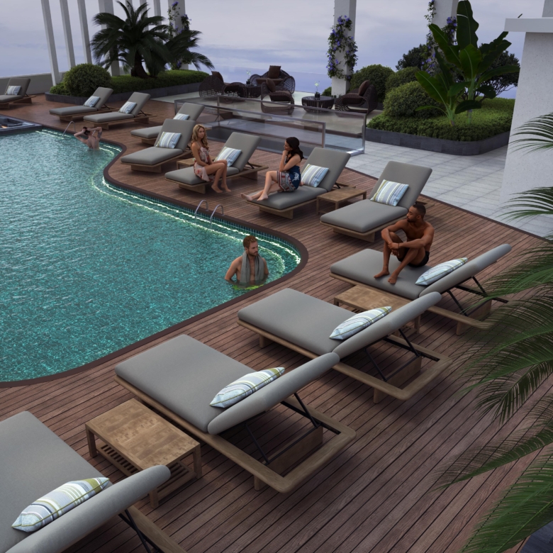 Skyline Apartments outdoor swimming pool with poolside sun loungers, wooden decking, and landscaped relaxation areas.
