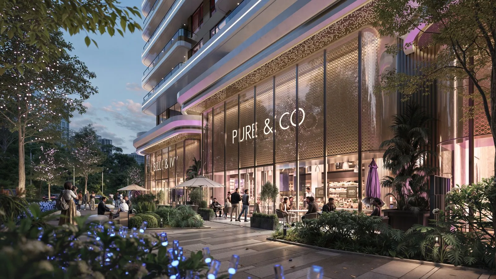 A-One Pandora Westlands retail shops and café frontage with landscaped outdoor seating
