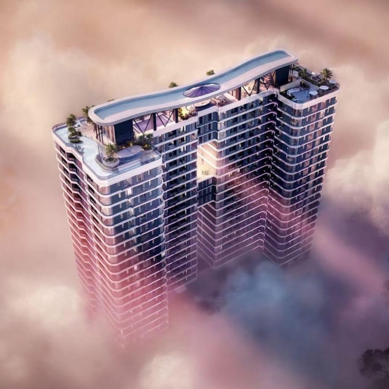 Aerial view of Amethyst Springs residential towers and rooftop amenities