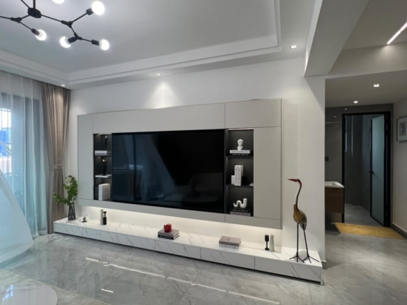 Diplomat Residences on Peponi Road Westlands Nairobi lounge TV wall with modern cabinetry and marble floor tiles