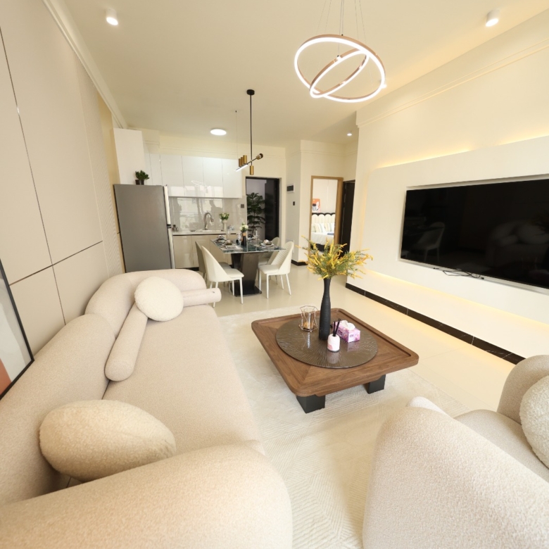 Modern living room with television wall at Luster Arbor Residency in Kileleshwa