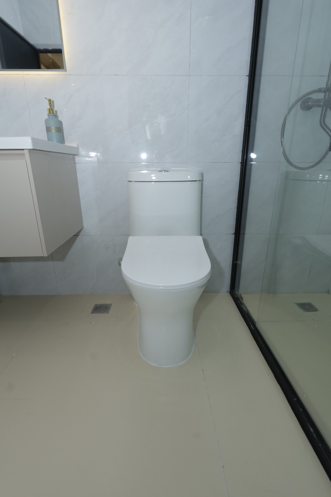 Modern apartment bathroom with toilet and glass shower enclosure in Kileleshwa