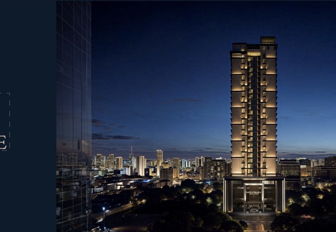 Montbleu apartments Westlands high-rise building exterior rendering at night, showing illuminated residential floors, modern balconies, glass façades, and the Nairobi skyline.