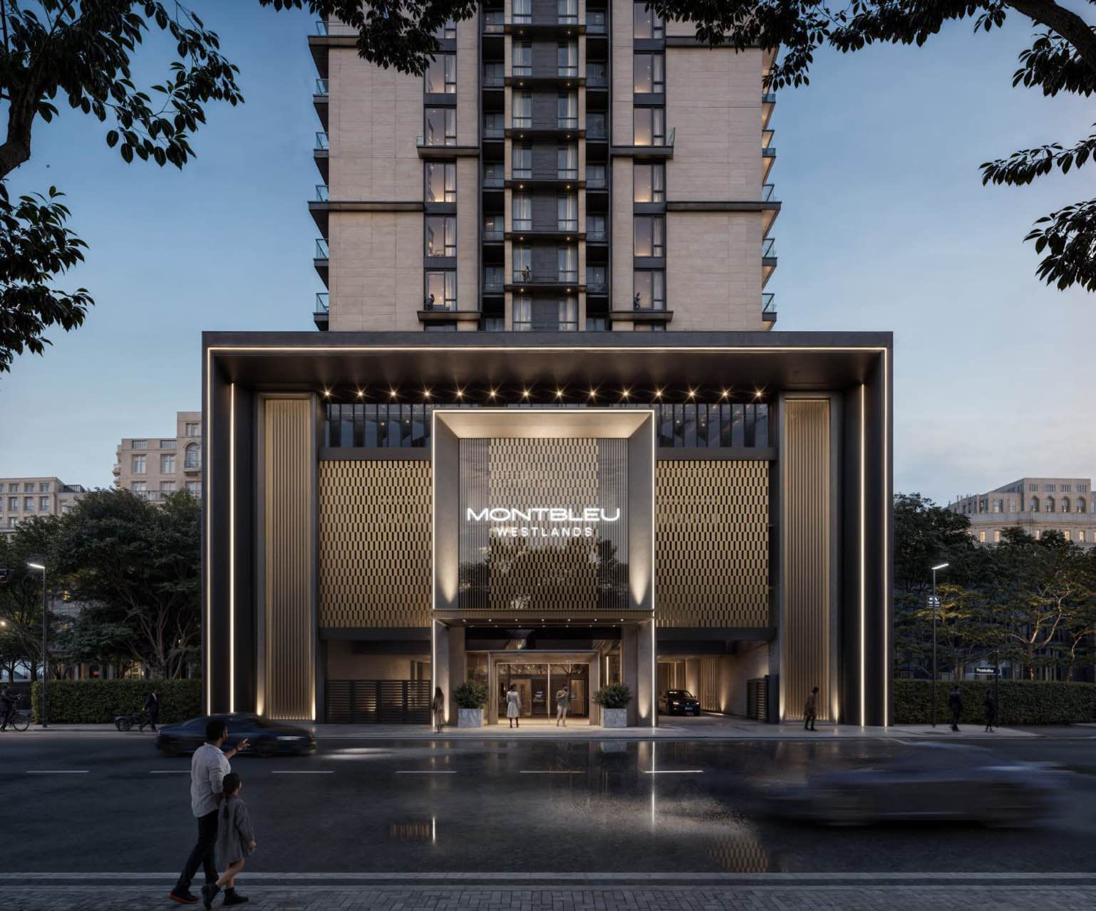 Montbleu apartments Westlands grand entrance rendering showing the modern residential tower, illuminated entrance canopy, decorative exterior panels, glass doors, and landscaped surroundings.