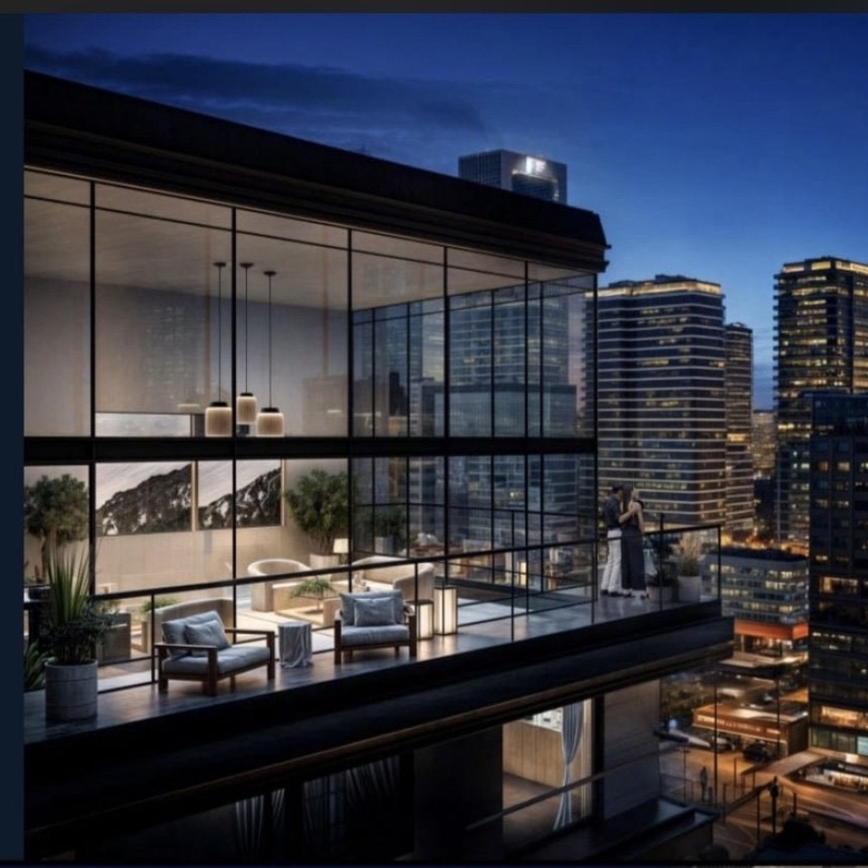 Montbleu apartments luxury glass balcony rendering overlooking the Westlands Nairobi skyline at night, featuring outdoor lounge chairs, glass railings, and floor-to-ceiling windows.