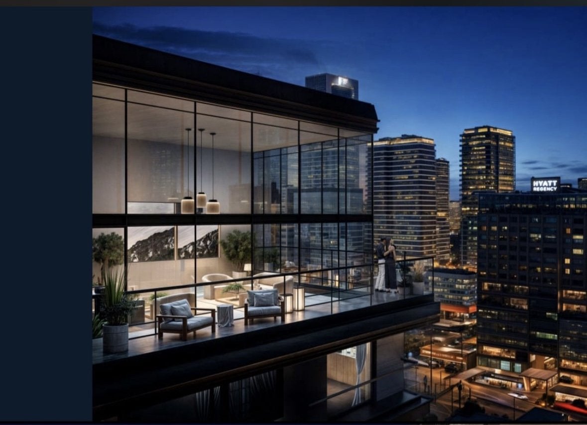 Montbleu apartments luxury glass balcony rendering overlooking the Westlands Nairobi skyline at night, featuring outdoor lounge chairs, glass railings, and floor-to-ceiling windows.