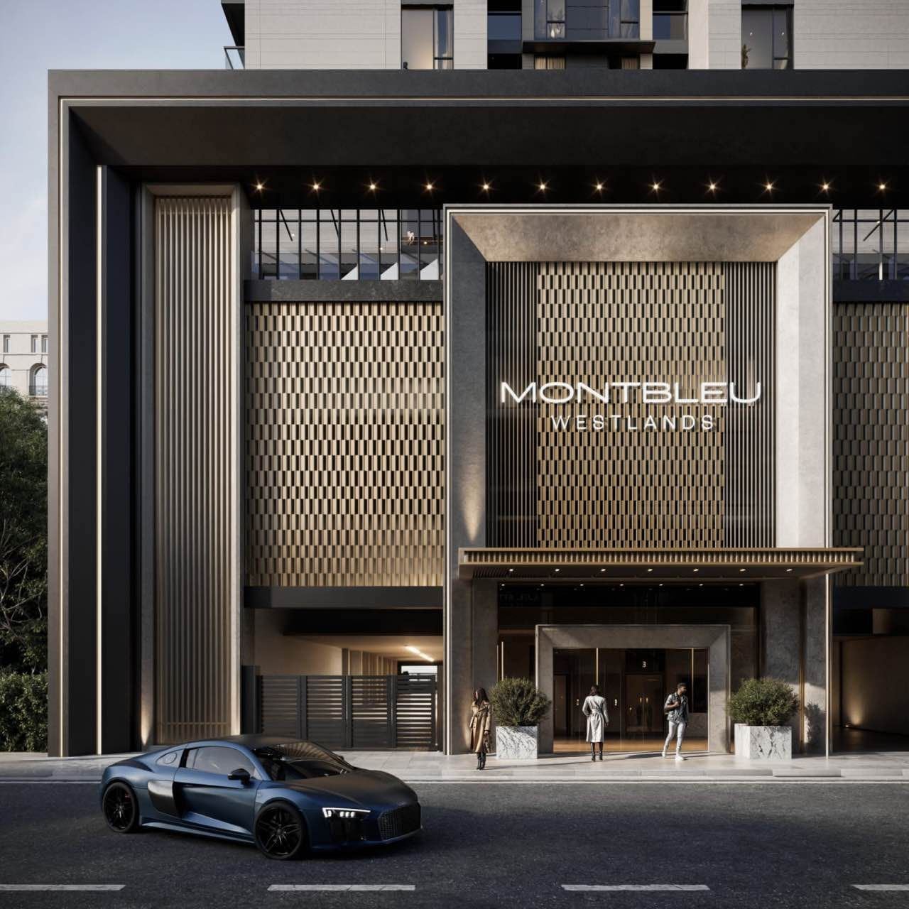 Montbleu apartments Westlands main entrance architectural rendering featuring a grand illuminated entrance, decorative façade, glass doors, and contemporary high-rise design.