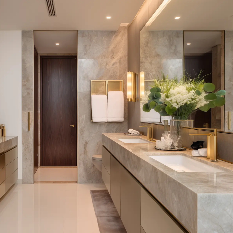 Luxury bathroom at Only You Elgeyo Apartments with double vanity and gold fittings