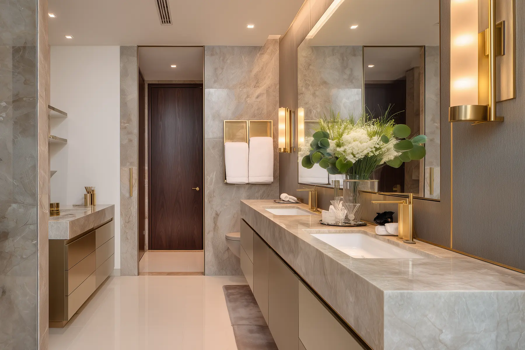 Luxury bathroom at Only You Elgeyo Apartments with double vanity and gold fittings