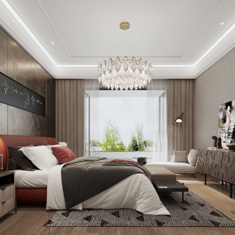 Master bedroom at Only You Elgeyo Apartments with balcony access and chandelier