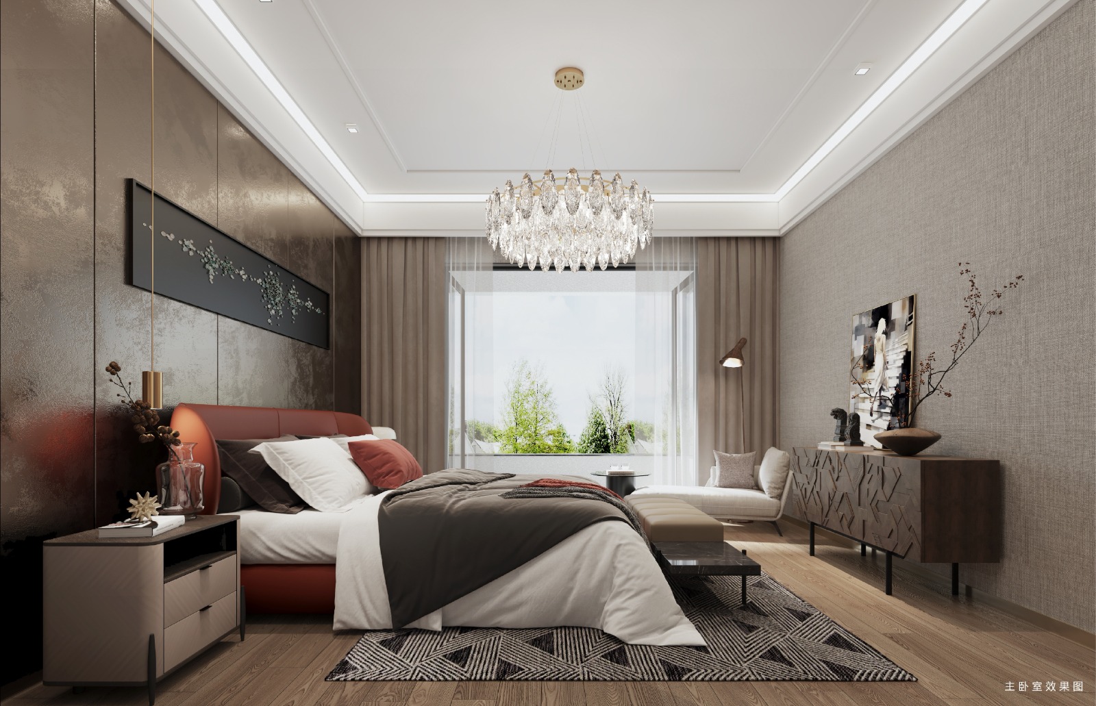 Master bedroom at Only You Elgeyo Apartments with balcony access and chandelier