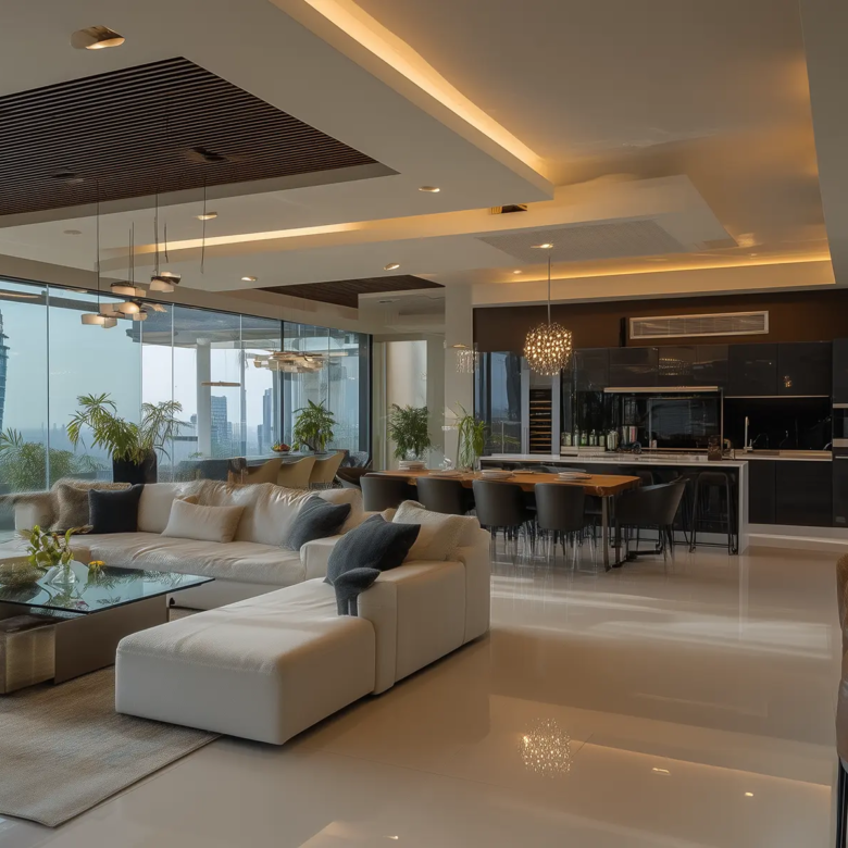 Open-plan penthouse lounge and kitchen at Only You Elgeyo Apartments Kilimani
