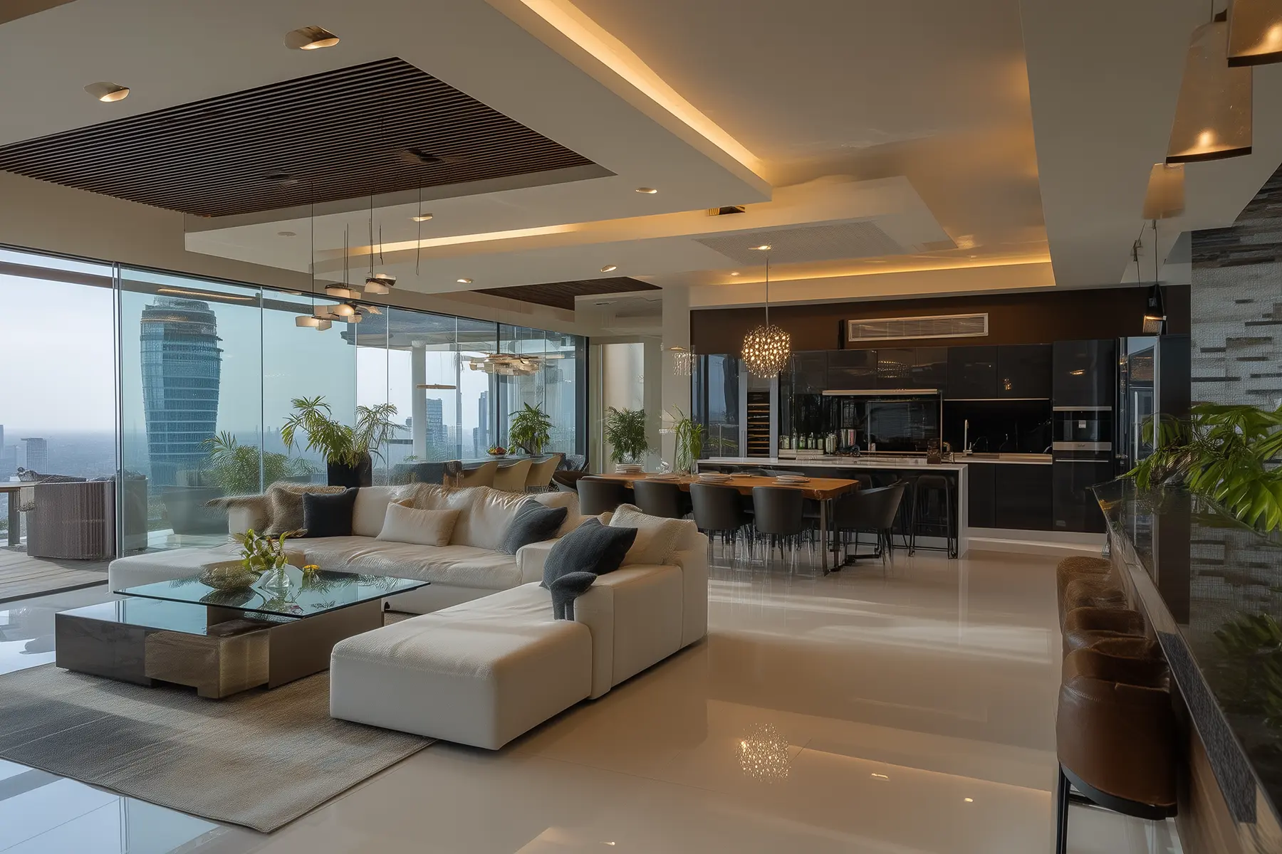 Open-plan penthouse lounge and kitchen at Only You Elgeyo Apartments Kilimani