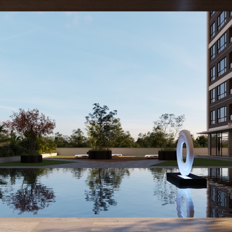 Reflecting pool and landscaped courtyard at Only You Elgeyo Apartments Kilimani