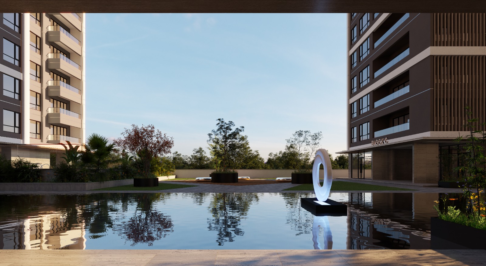 Reflecting pool and landscaped courtyard at Only You Elgeyo Apartments Kilimani