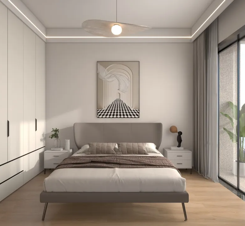 Riara One Residency bedroom featuring a double bed, fitted white wardrobes, modern bedside tables, and sliding glass balcony doors.