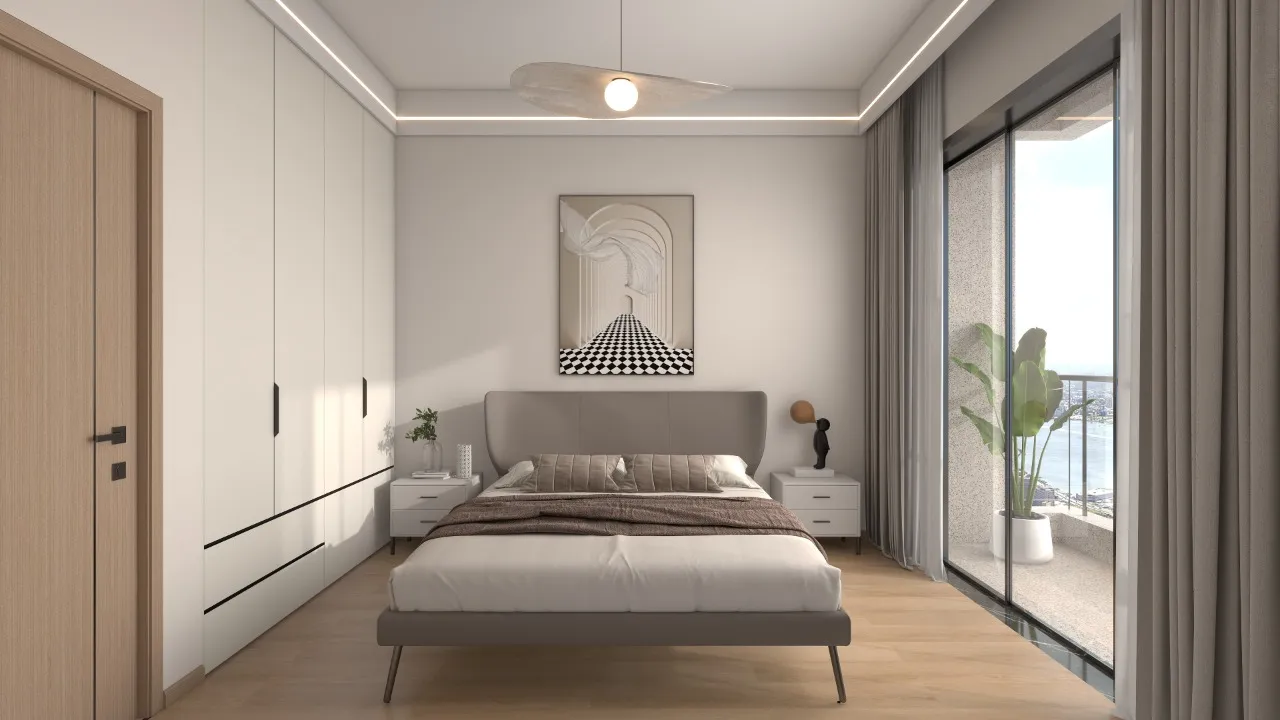 Riara One Residency bedroom featuring a double bed, fitted white wardrobes, modern bedside tables, and sliding glass balcony doors.