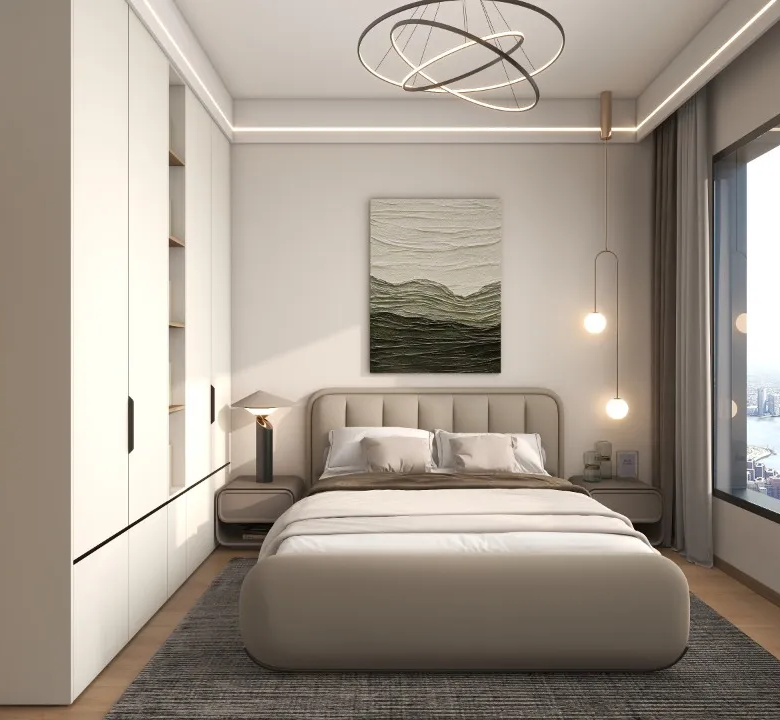 Riara One Residency luxury bedroom with fitted wardrobes, upholstered bed, modern pendant lighting, and large windows overlooking the city.