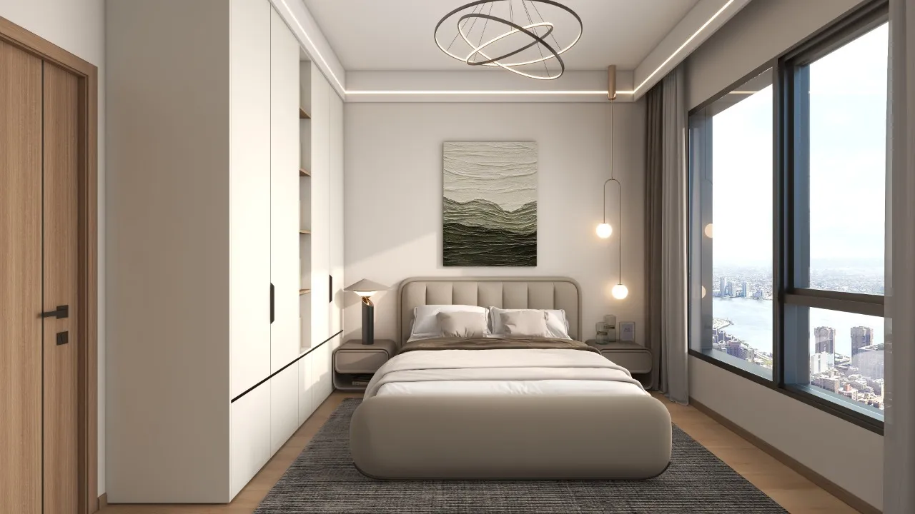 Riara One Residency luxury bedroom with fitted wardrobes, upholstered bed, modern pendant lighting, and large windows overlooking the city.
