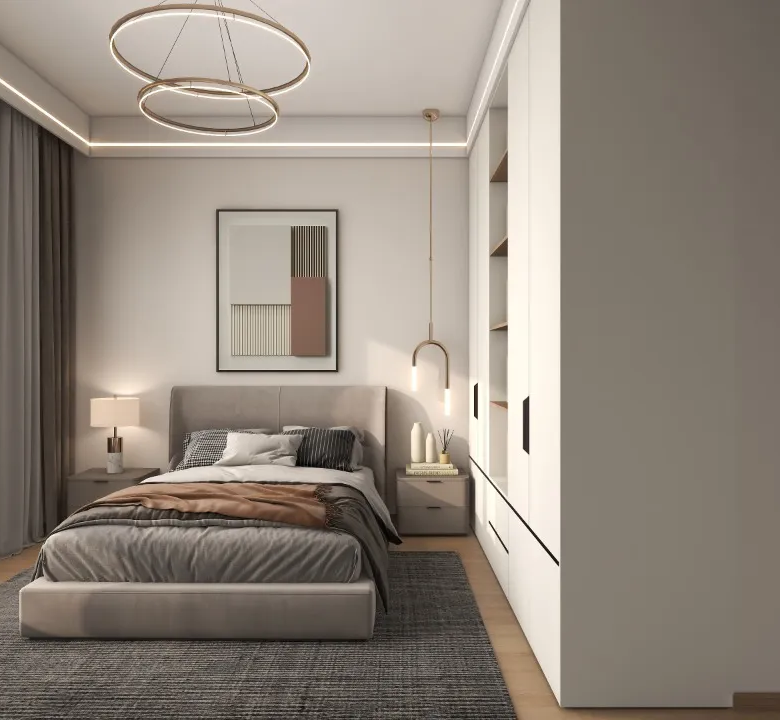 Riara One Residency modern bedroom featuring an upholstered bed, built-in wardrobes, decorative ceiling lights, and a large city-view window.