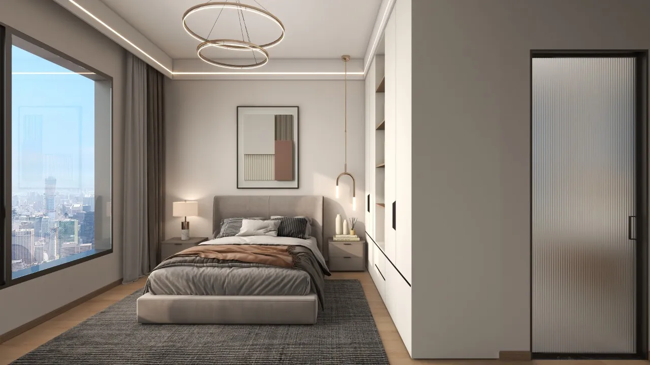 Riara One Residency modern bedroom featuring an upholstered bed, built-in wardrobes, decorative ceiling lights, and a large city-view window.