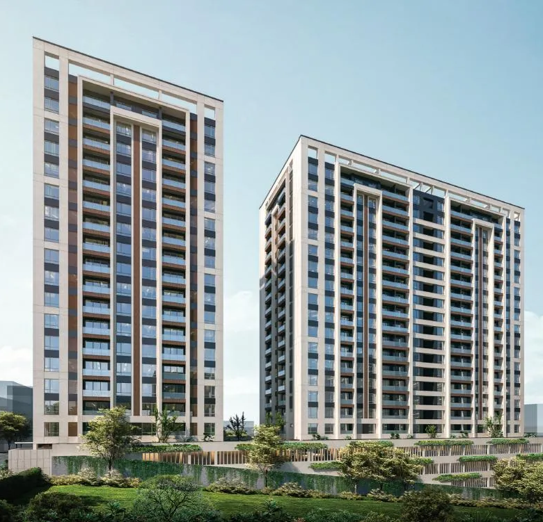 Riara One Residency exterior architectural rendering showing two modern residential towers with balconies, large windows, and landscaped surroundings.
