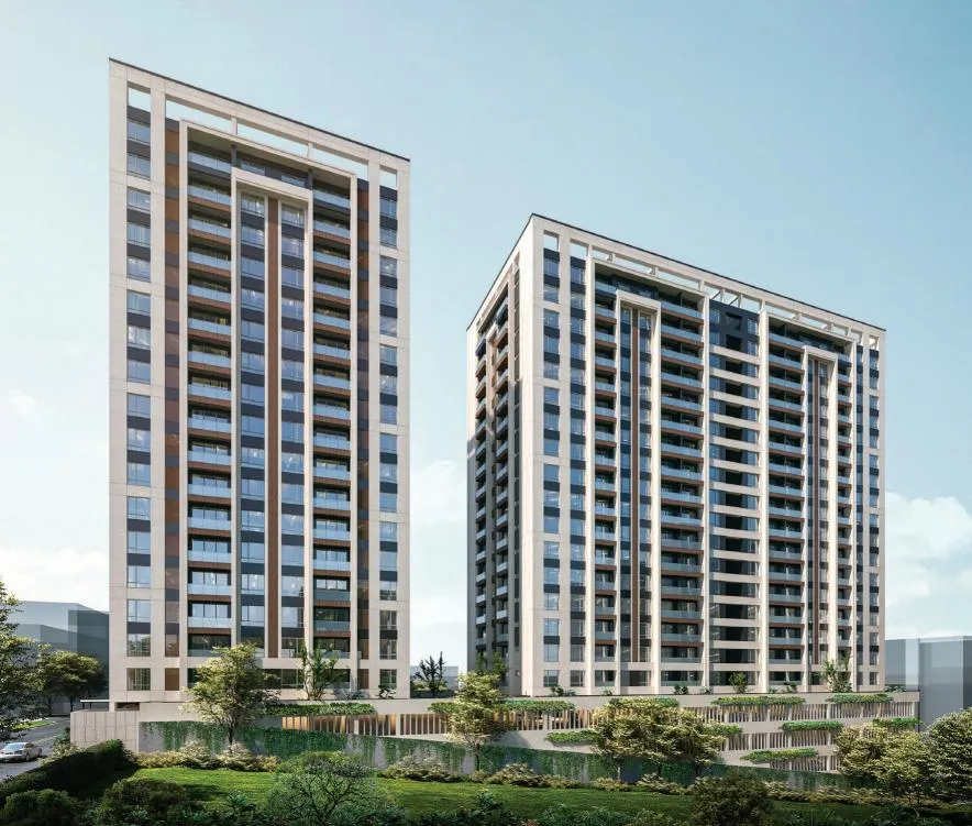 Riara One Residency exterior architectural rendering showing two modern residential towers with balconies, large windows, and landscaped surroundings.