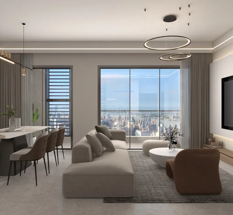 Riara One Residency spacious living and dining room with modern sofa, wall-mounted television, contemporary lighting, and large balcony doors.