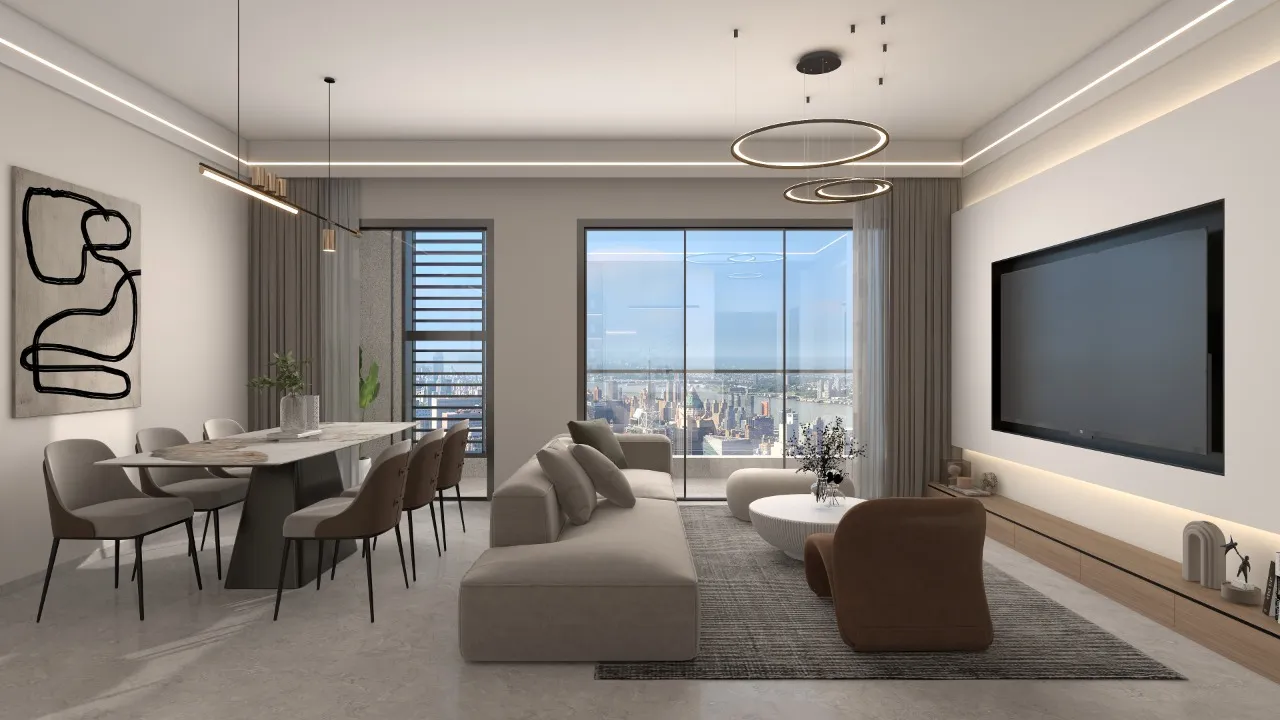 Riara One Residency spacious living and dining room with modern sofa, wall-mounted television, contemporary lighting, and large balcony doors.