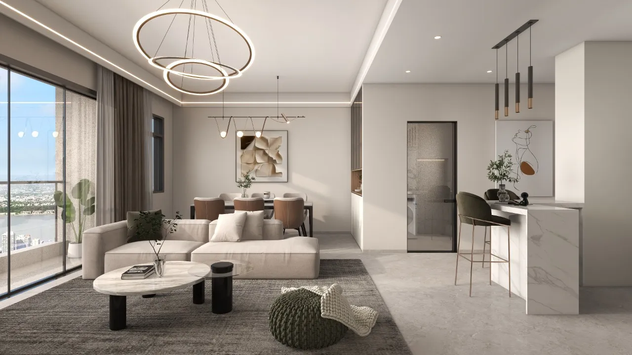 Riara One Residency luxury living room with sectional sofa, marble-look coffee table, circular chandelier, dining area, and balcony access.