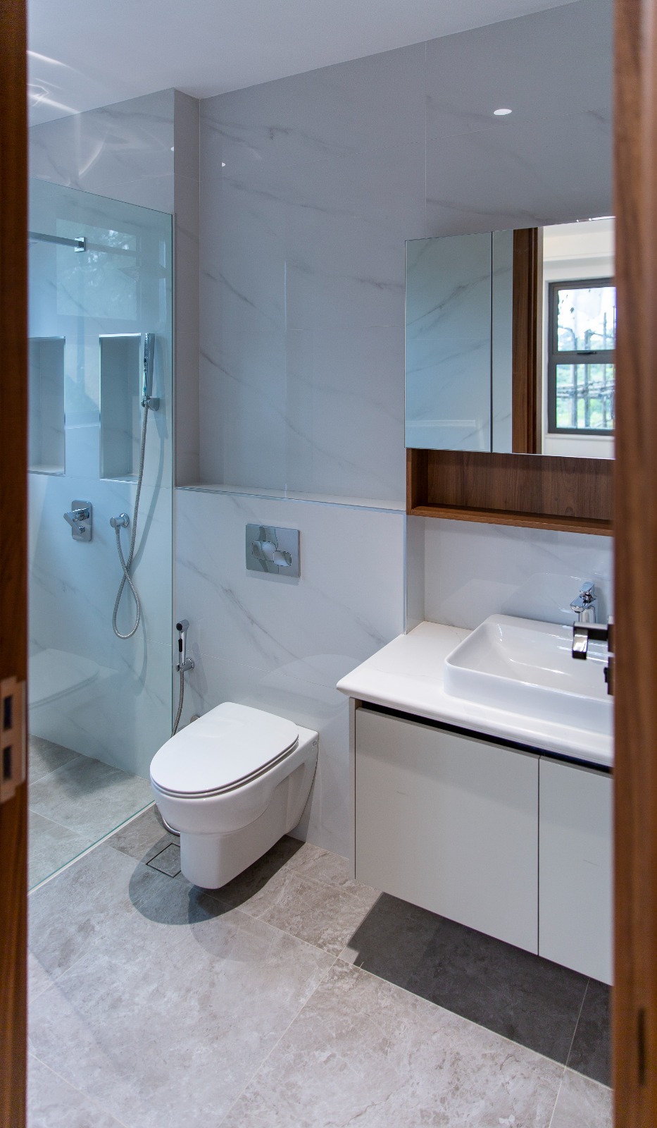 Modern guest powder room at Sunset Park Apartments