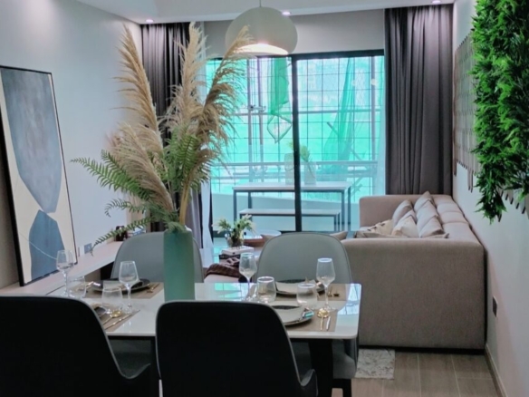 Citi Rise Residency in Westlands furnished dining area and lounge with balcony doors and modern wall decor