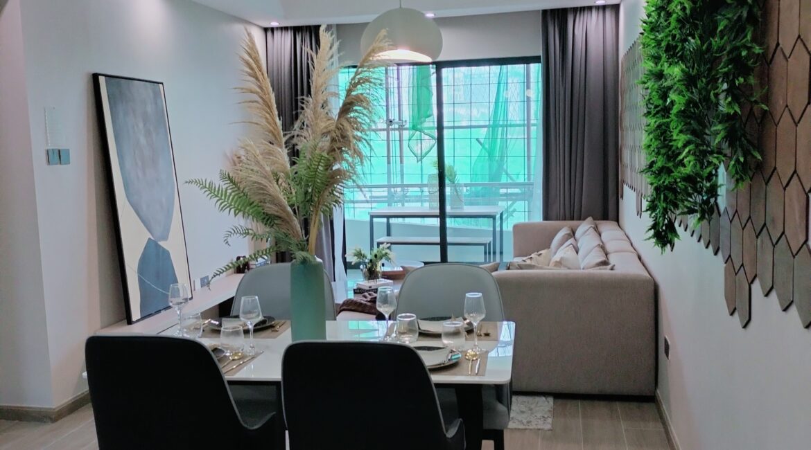 Citi Rise Residency Westlands Furnished Dining and Lounge Citi Rise Residency in Westlands furnished dining area and lounge with balcony doors and modern wall decor