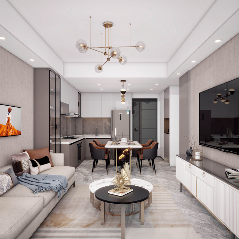 Modern living room and fitted kitchen in an Amto View apartment