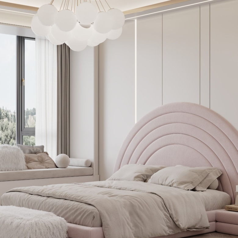 Text: Modern bedroom at Luna Oak Residency apartments in Kilimani Nairobi